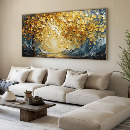 GOLDEN EMBRACE: Textured Golden Leaf Tree Impasto Landscape Painting | yellow palette, original oil on stretched canvas art