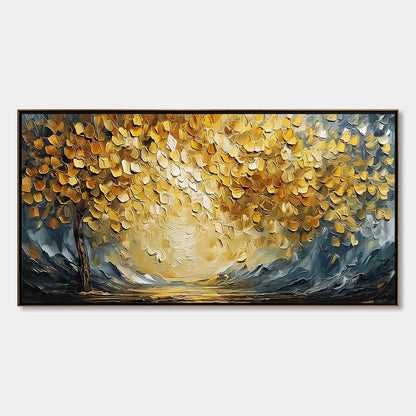 GOLDEN EMBRACE: Textured Golden Leaf Tree Impasto Landscape Painting | hanging in living room, Landscape wall art