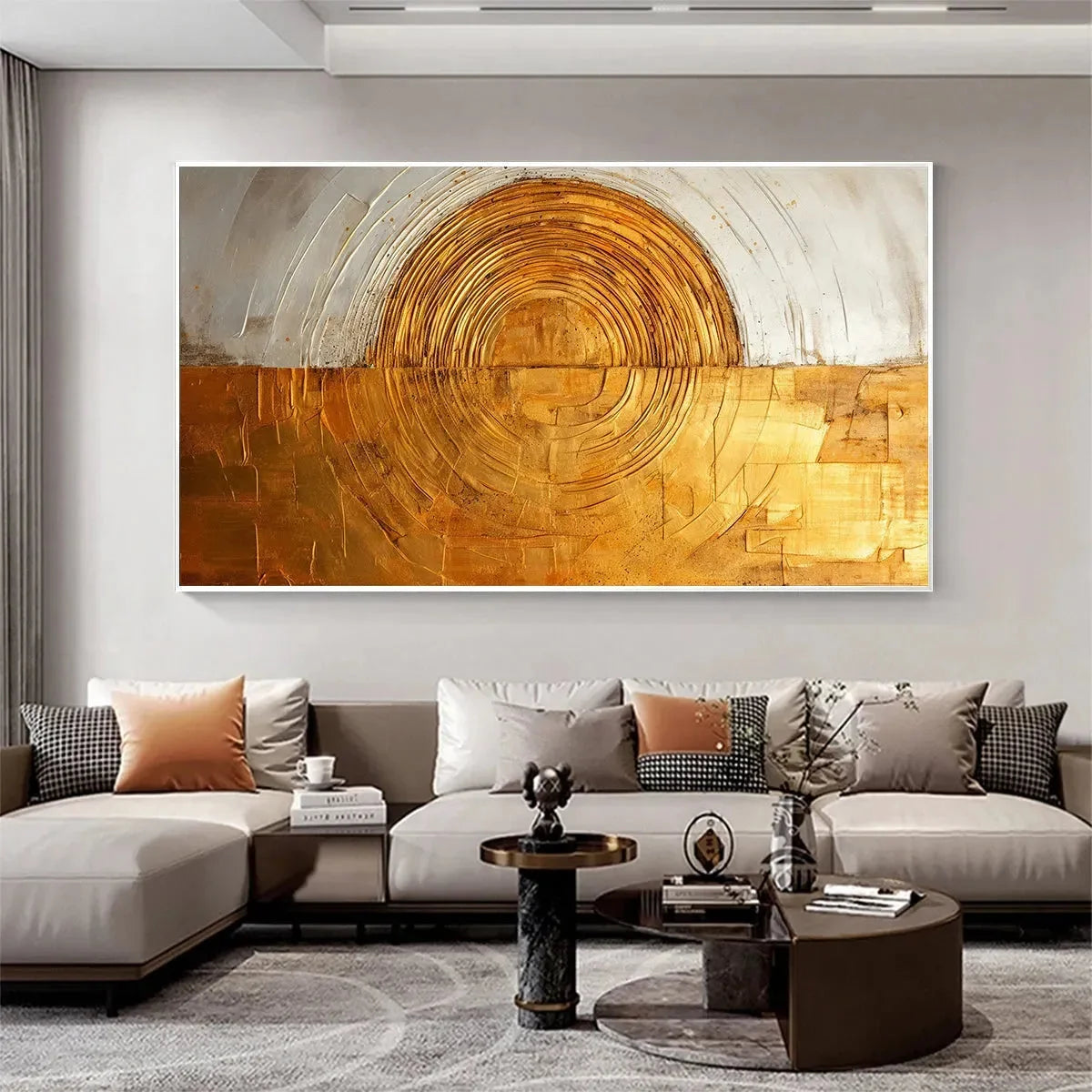 GOLDEN ERA: Panoramic Abstract Oil Painting with Gold and Silver | black frame version on white wall
