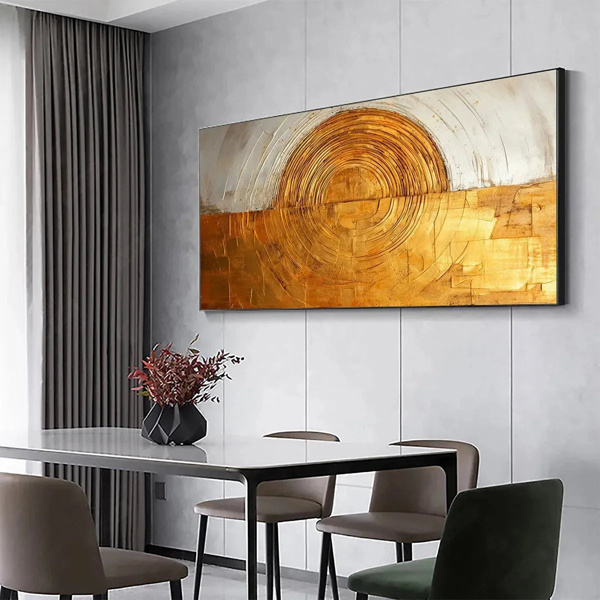 GOLDEN ERA: Panoramic Abstract Oil Painting with Gold and Silver | Abstract mood, soft natural light studio shot