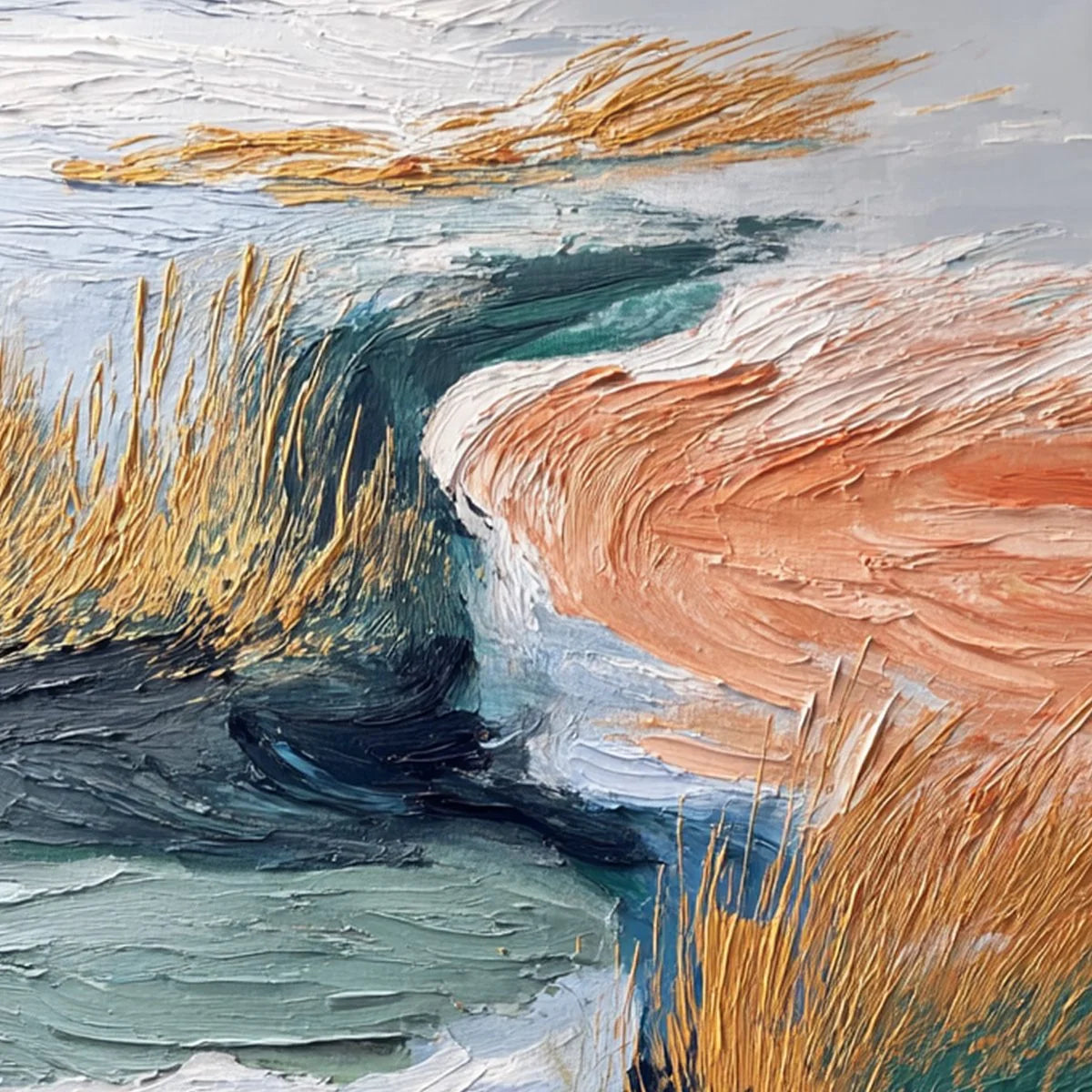 GOLDEN ESTUARY: Textured Abstract River Landscape Painting | rectangular format, hand-painted canvas edge