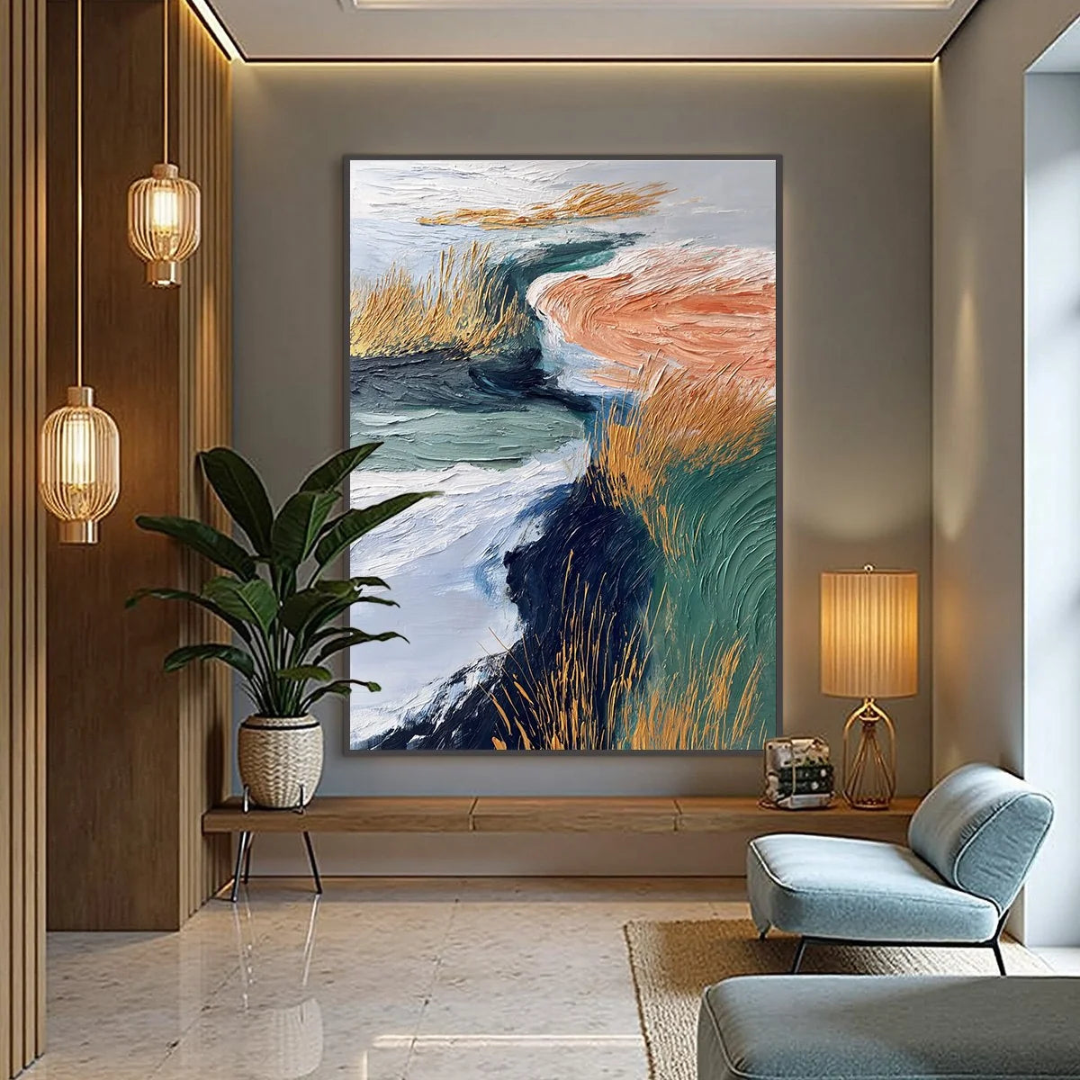 GOLDEN ESTUARY: Textured Abstract River Landscape Painting | gold frame stretched on neutral wall