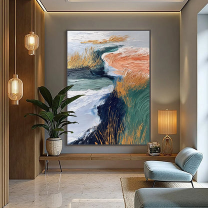 GOLDEN ESTUARY: Textured Abstract River Landscape Painting | gold frame stretched on neutral wall