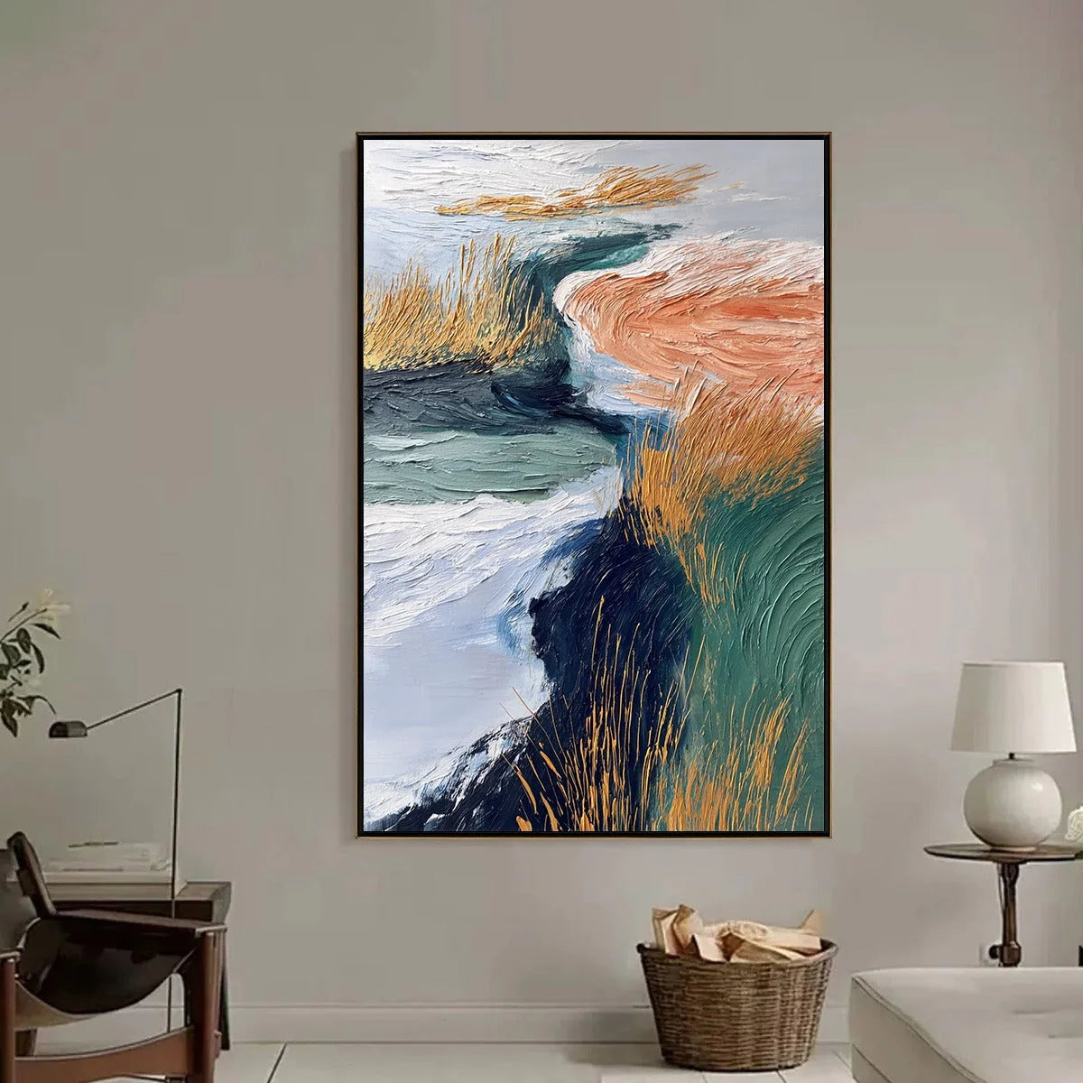 GOLDEN ESTUARY: Textured Abstract River Landscape Painting | black frame version on white wall