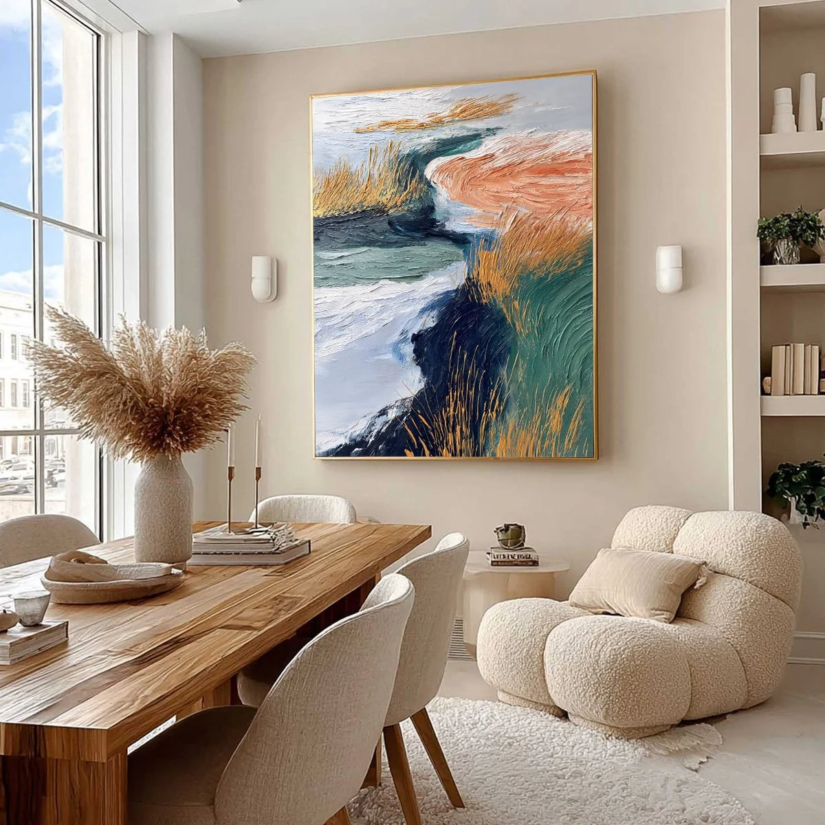 GOLDEN ESTUARY: Textured Abstract River Landscape Painting | Abstract mood, soft natural light studio shot