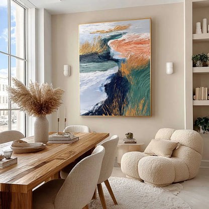 GOLDEN ESTUARY: Textured Abstract River Landscape Painting | Abstract mood, soft natural light studio shot