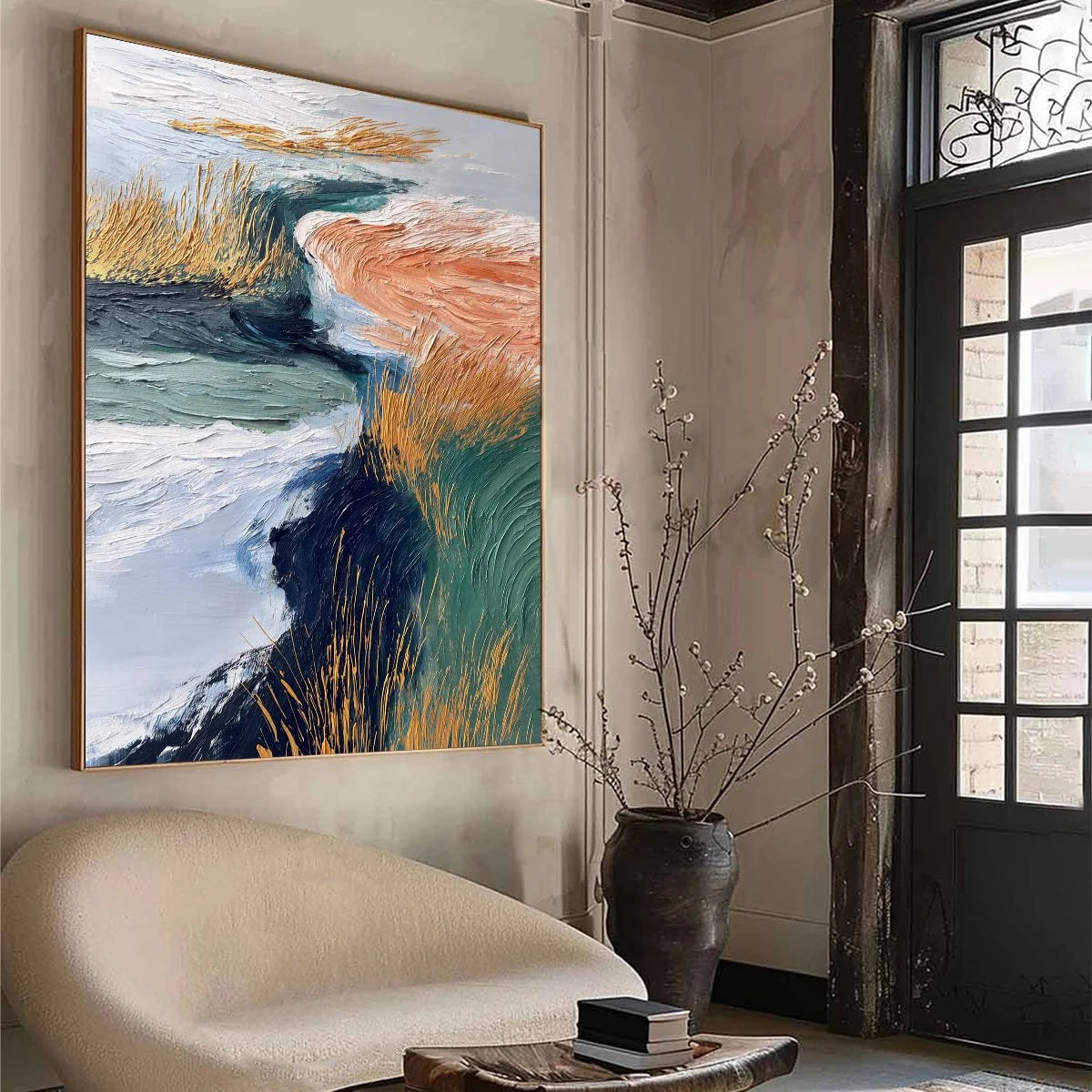 GOLDEN ESTUARY: Textured Abstract River Landscape Painting | yellow palette, original oil on stretched canvas art