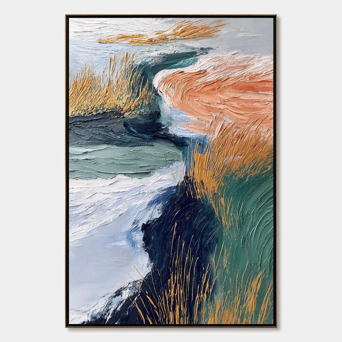 GOLDEN ESTUARY: Textured Abstract River Landscape Painting | hanging in living room, Abstract wall art
