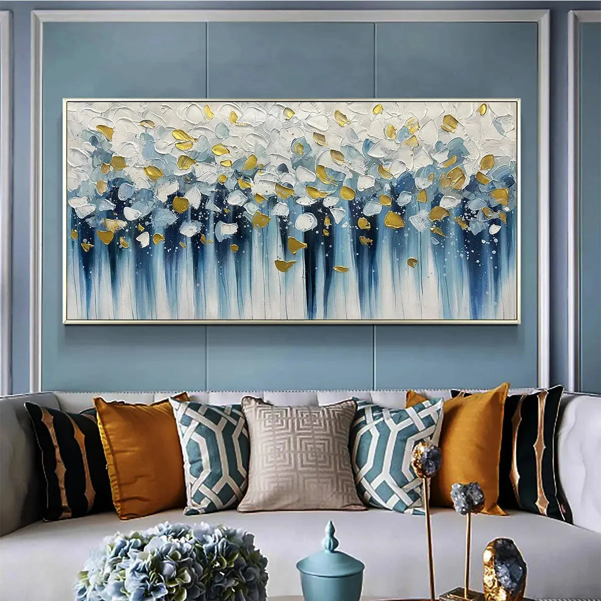GOLDEN FALLS: Abstract Painting in Blue and Gold, Textured Canvas, Modern Wall Art | Abstract closeup, raised brushwork detail