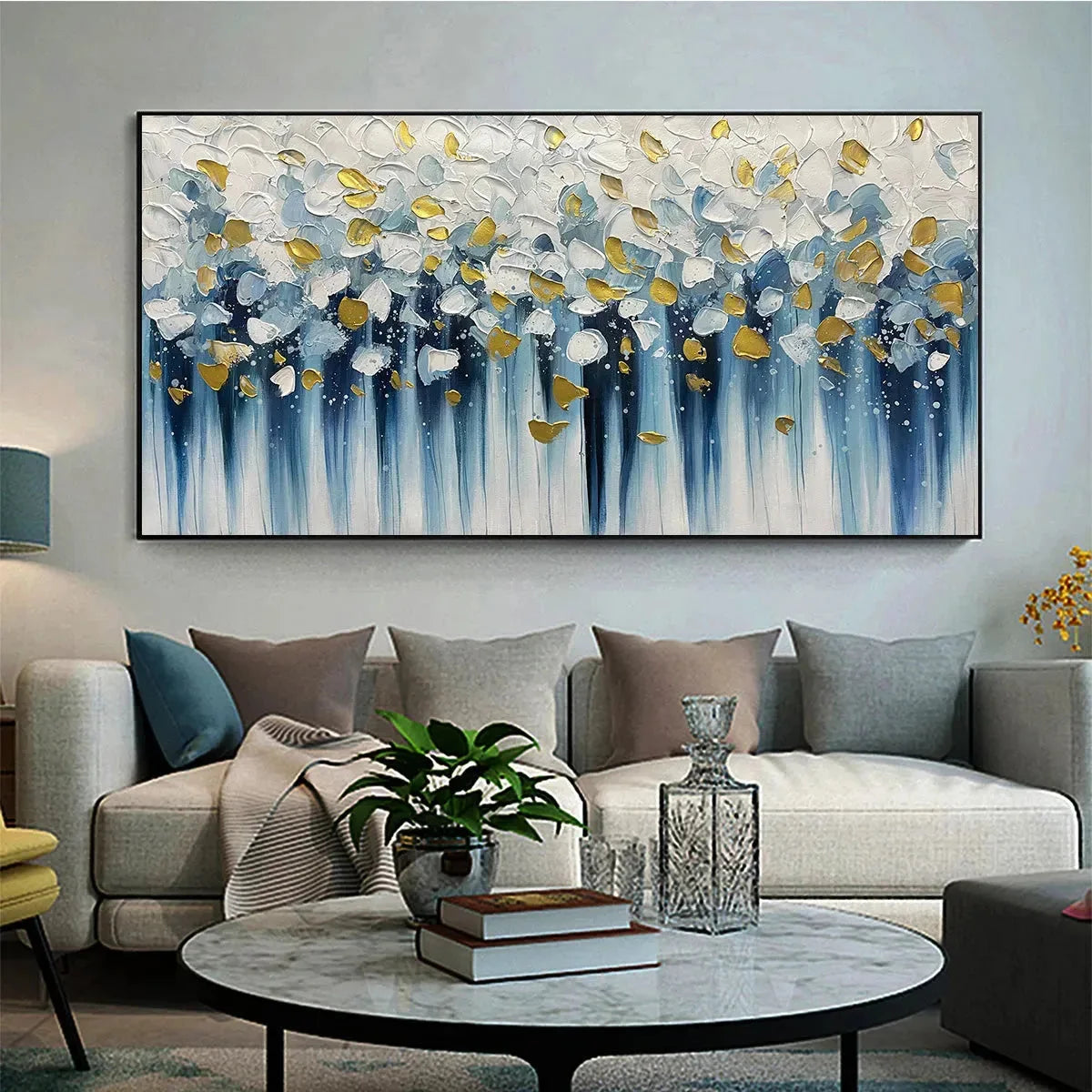 GOLDEN FALLS: Abstract Painting in Blue and Gold, Textured Canvas, Modern Wall Art | gold frame stretched on neutral wall