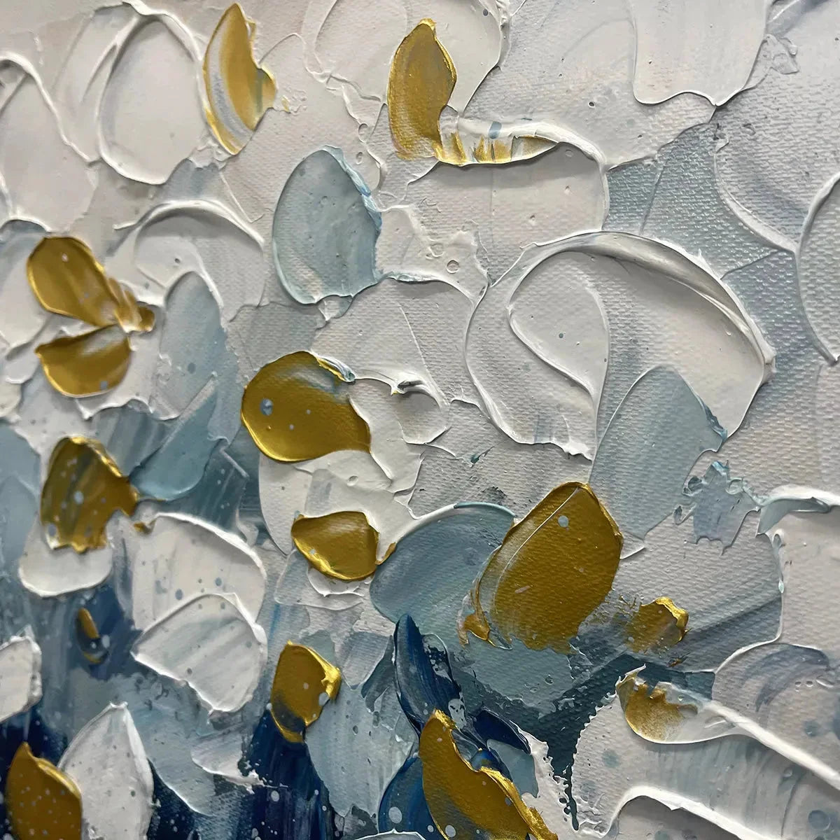 GOLDEN FALLS: Abstract Painting in Blue and Gold, Textured Canvas, Modern Wall Art | black frame version on white wall