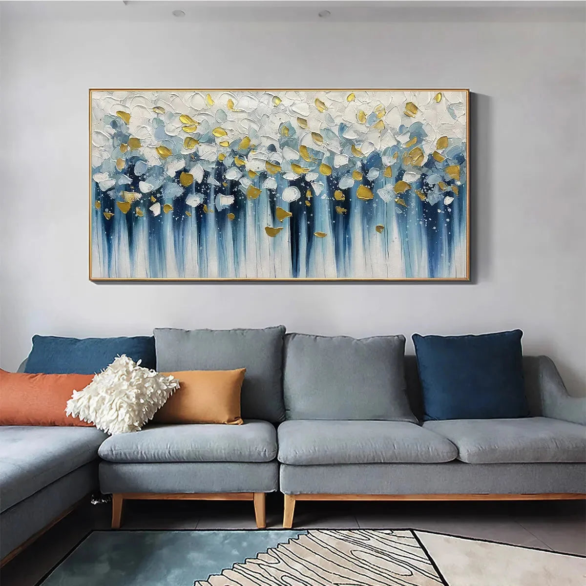 GOLDEN FALLS: Abstract Painting in Blue and Gold, Textured Canvas, Modern Wall Art | Abstract mood, soft natural light studio shot