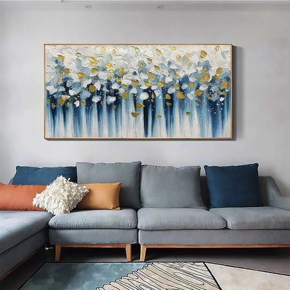 GOLDEN FALLS: Abstract Painting in Blue and Gold, Textured Canvas, Modern Wall Art | Abstract mood, soft natural light studio shot