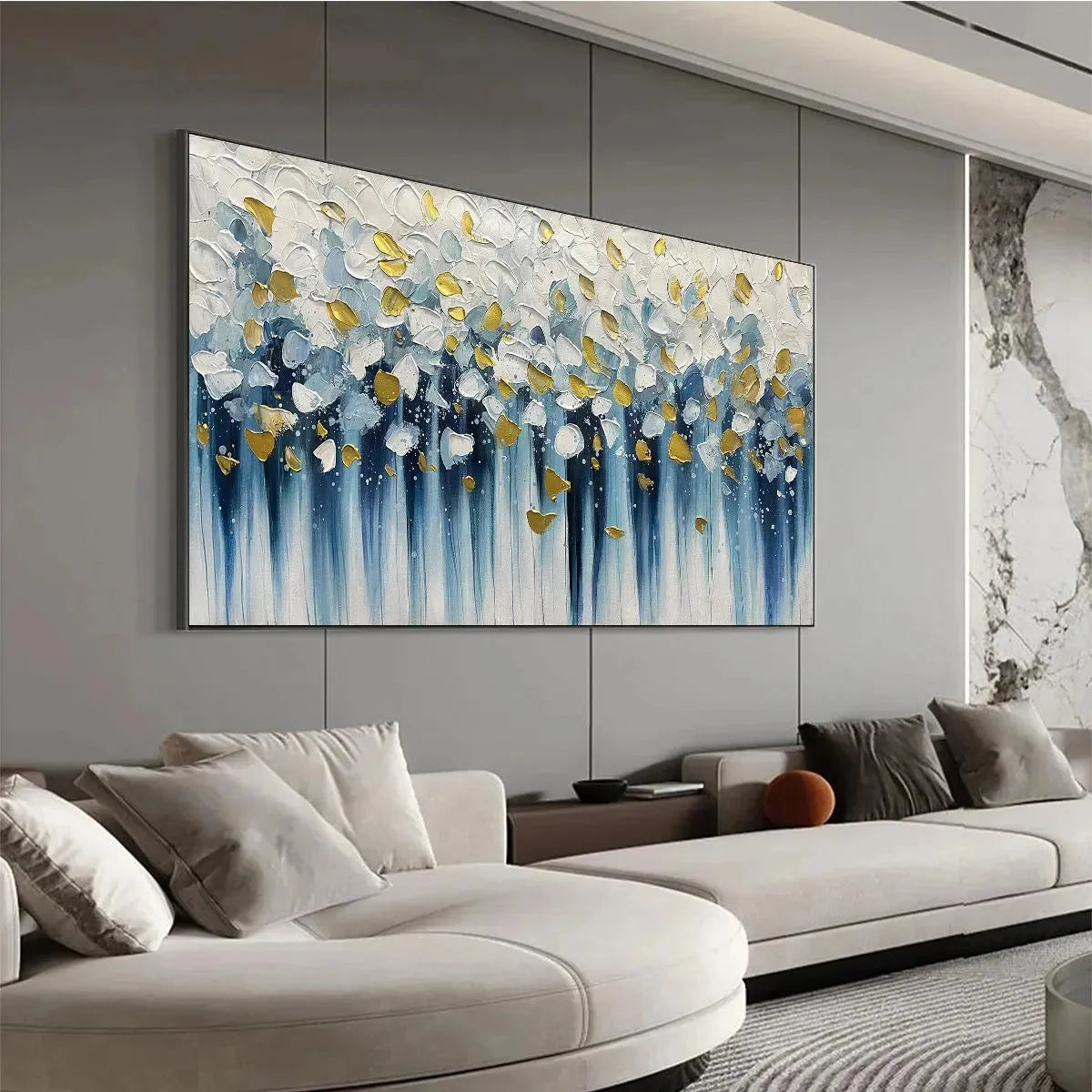 GOLDEN FALLS: Abstract Painting in Blue and Gold, Textured Canvas, Modern Wall Art | yellow palette, original oil on stretched canvas art