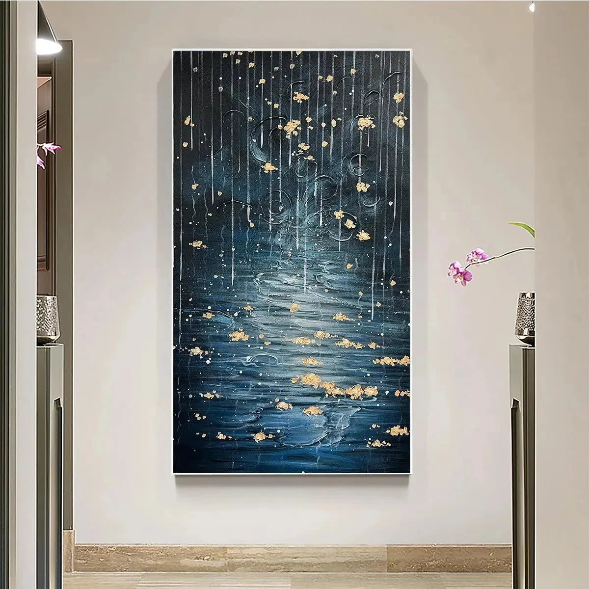 GOLDEN FALLS: Abstract Waterfall Painting, Blue and Gold, Vertical Canvas, Modern Wall Art | Abstract closeup, raised brushwork detail