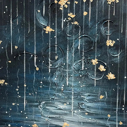 GOLDEN FALLS: Abstract Waterfall Painting, Blue and Gold, Vertical Canvas, Modern Wall Art | rectangular format, hand-painted canvas edge