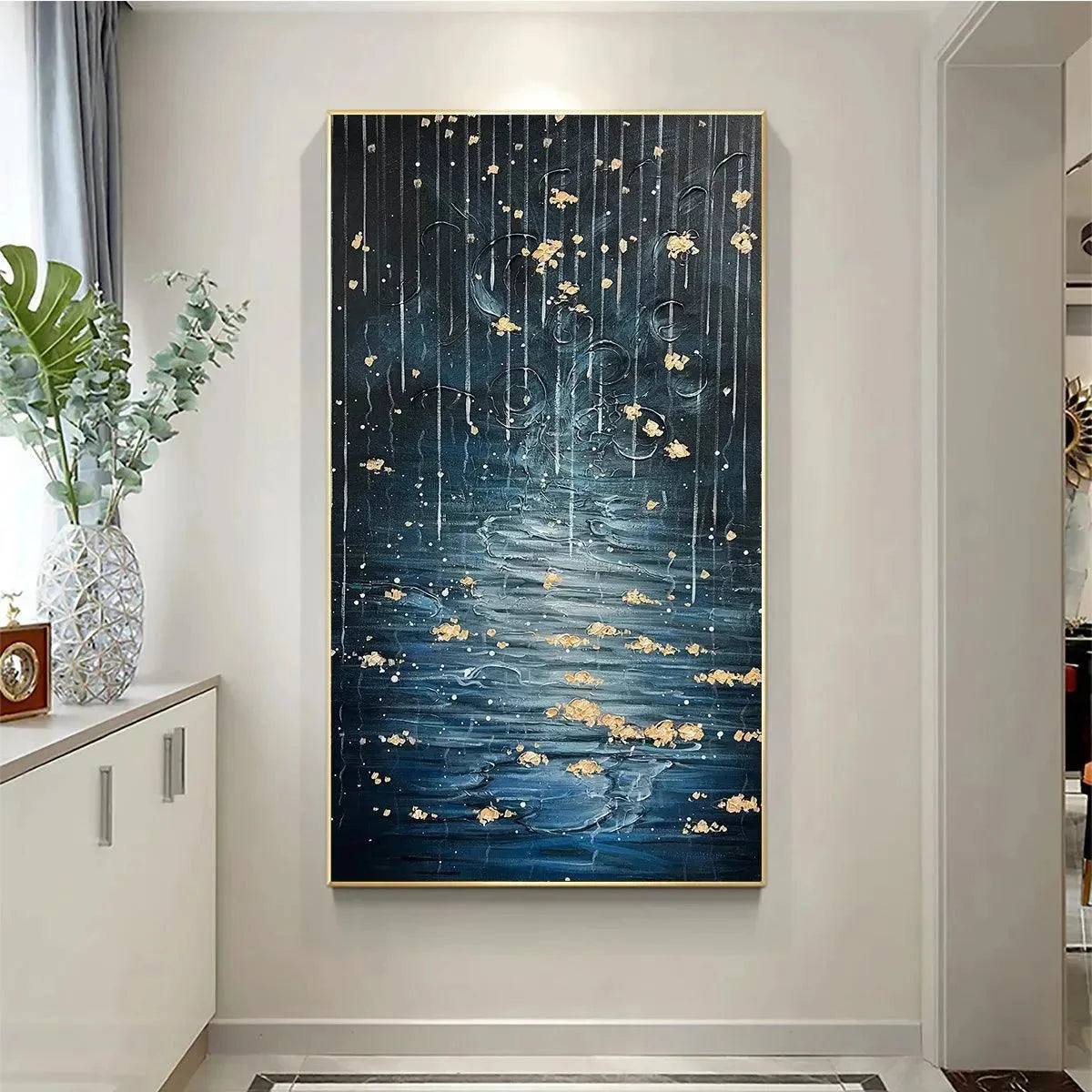 GOLDEN FALLS: Abstract Waterfall Painting, Blue and Gold, Vertical Canvas, Modern Wall Art | gold frame stretched on neutral wall