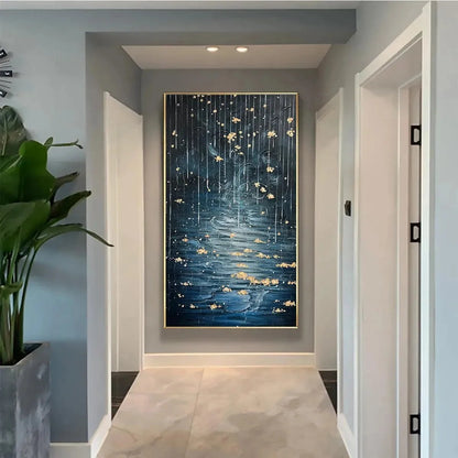 GOLDEN FALLS: Abstract Waterfall Painting, Blue and Gold, Vertical Canvas, Modern Wall Art | rolled canvas, ready for custom framing