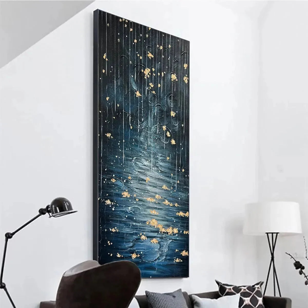 GOLDEN FALLS: Abstract Waterfall Painting, Blue and Gold, Vertical Canvas, Modern Wall Art | black frame version on white wall