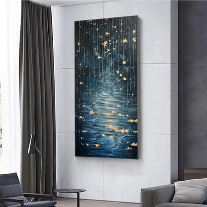 GOLDEN FALLS: Abstract Waterfall Painting, Blue and Gold, Vertical Canvas, Modern Wall Art | Abstract mood, soft natural light studio shot