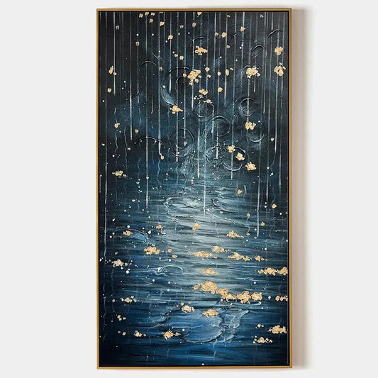 GOLDEN FALLS: Abstract Waterfall Painting, Blue and Gold, Vertical Canvas, Modern Wall Art | hanging in living room, Abstract wall art