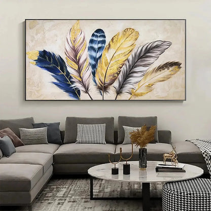 GOLDEN FEATHERS: Elegant Feather Painting, Horizontal Wall Art | Figurative closeup, raised brushwork detail