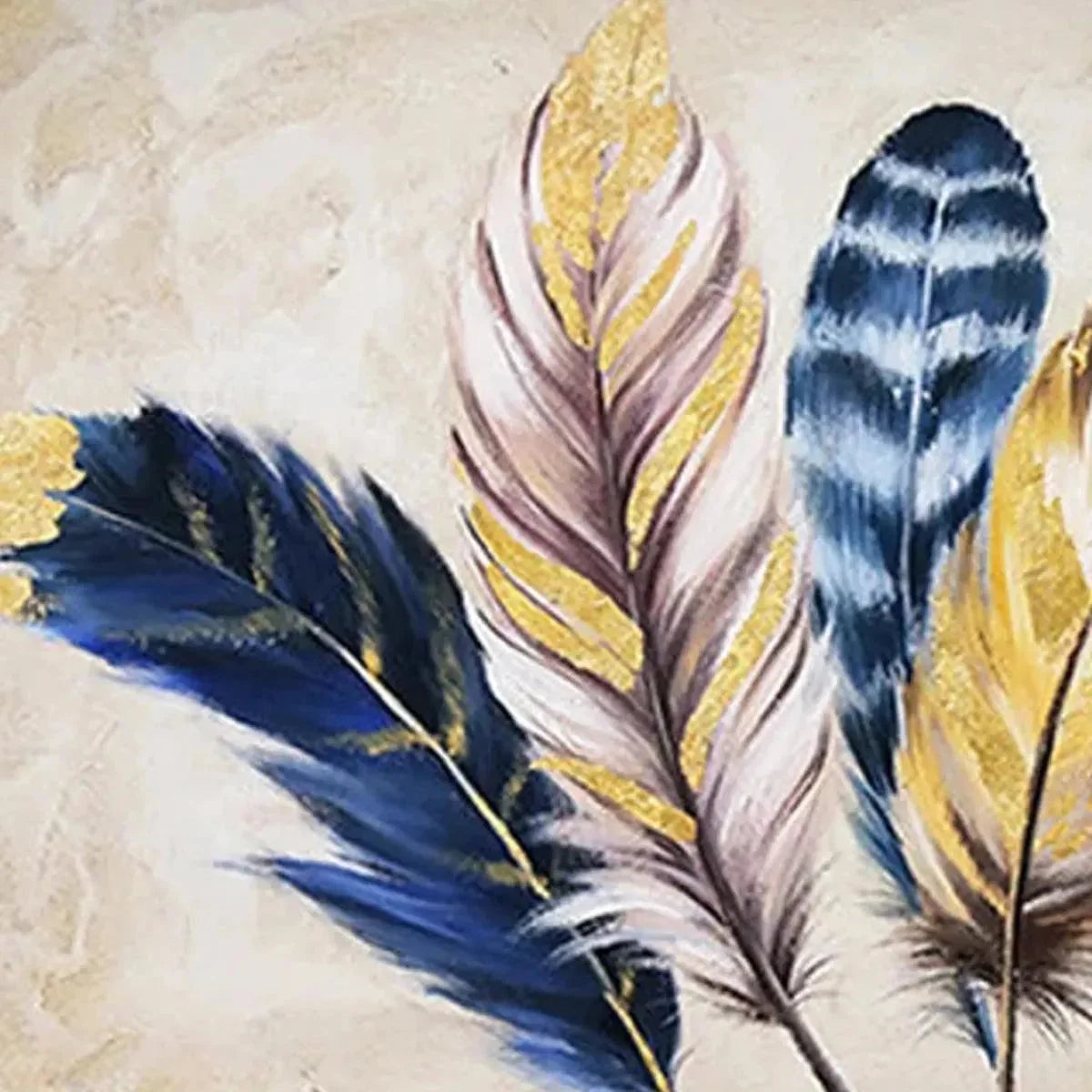 GOLDEN FEATHERS: Elegant Feather Painting, Horizontal Wall Art | rectangular format, hand-painted canvas edge