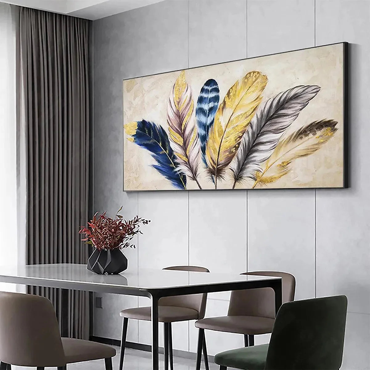 GOLDEN FEATHERS: Elegant Feather Painting, Horizontal Wall Art | gold frame stretched on neutral wall