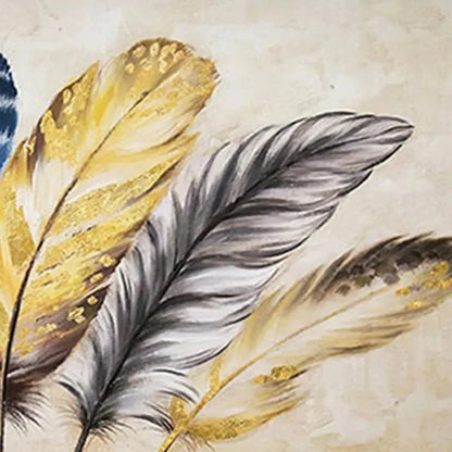 GOLDEN FEATHERS: Elegant Feather Painting, Horizontal Wall Art | rolled canvas, ready for custom framing