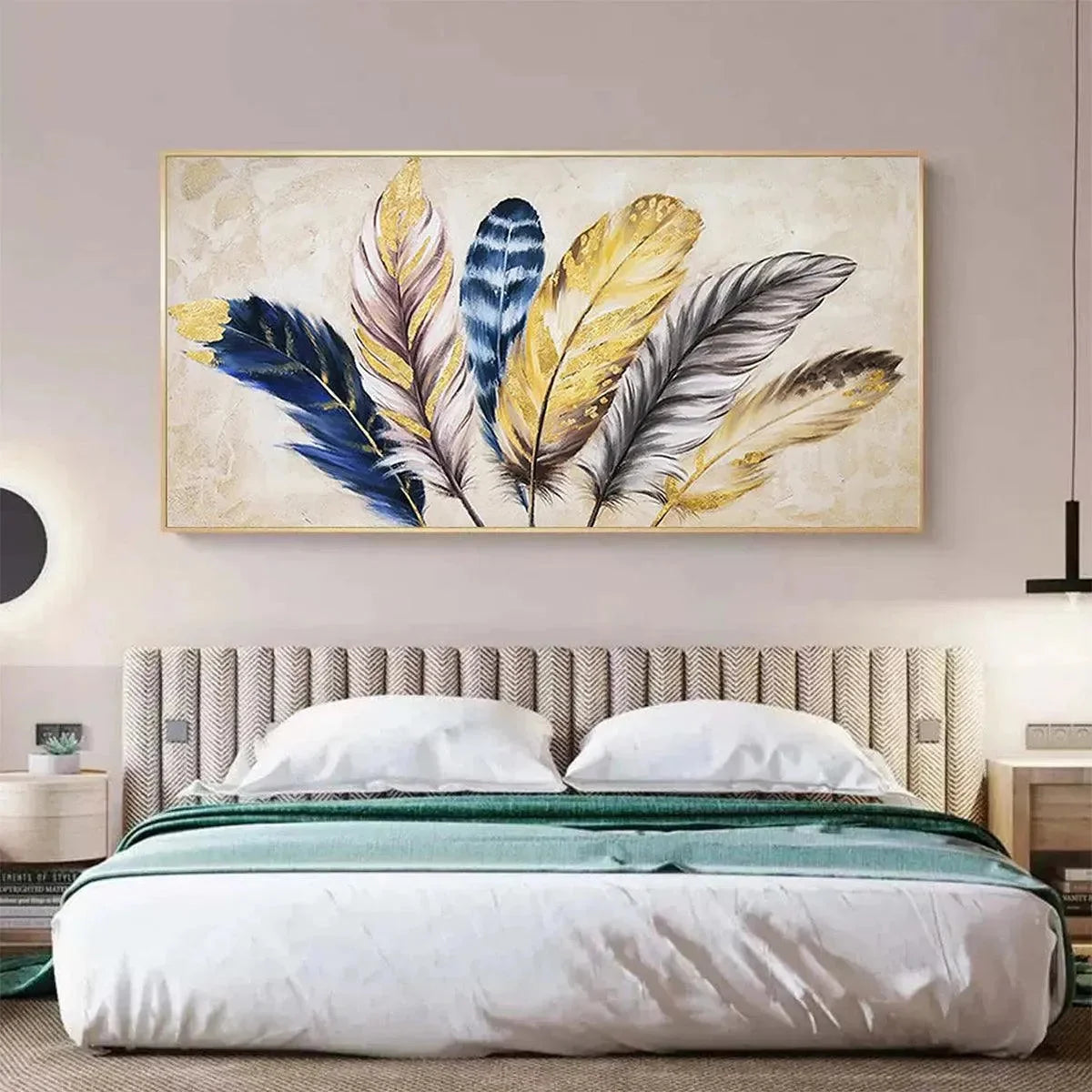 GOLDEN FEATHERS: Elegant Feather Painting, Horizontal Wall Art | black frame version on white wall