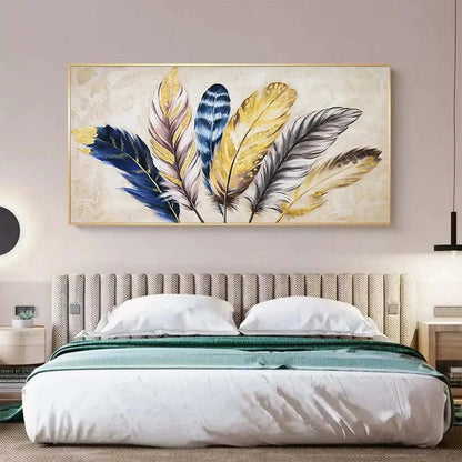 GOLDEN FEATHERS: Elegant Feather Painting, Horizontal Wall Art | black frame version on white wall