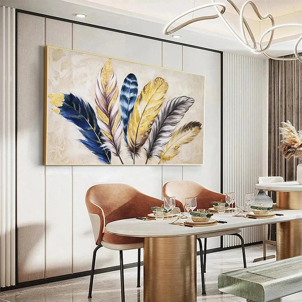 GOLDEN FEATHERS: Elegant Feather Painting, Horizontal Wall Art | Figurative mood, soft natural light studio shot