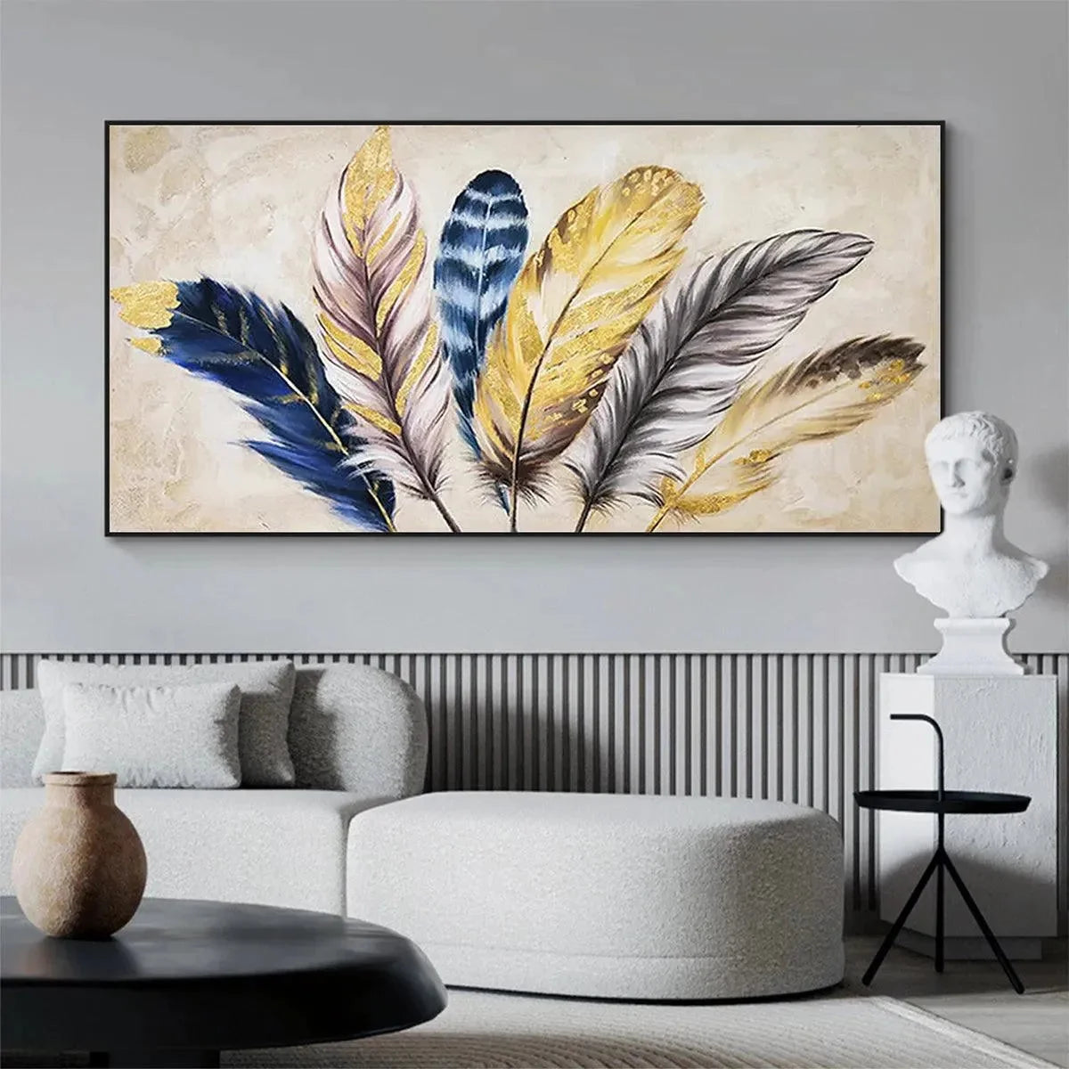 GOLDEN FEATHERS: Elegant Feather Painting, Horizontal Wall Art | yellow palette, original oil on stretched canvas art