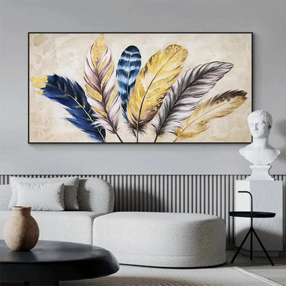 GOLDEN FEATHERS: Elegant Feather Painting, Horizontal Wall Art | yellow palette, original oil on stretched canvas art