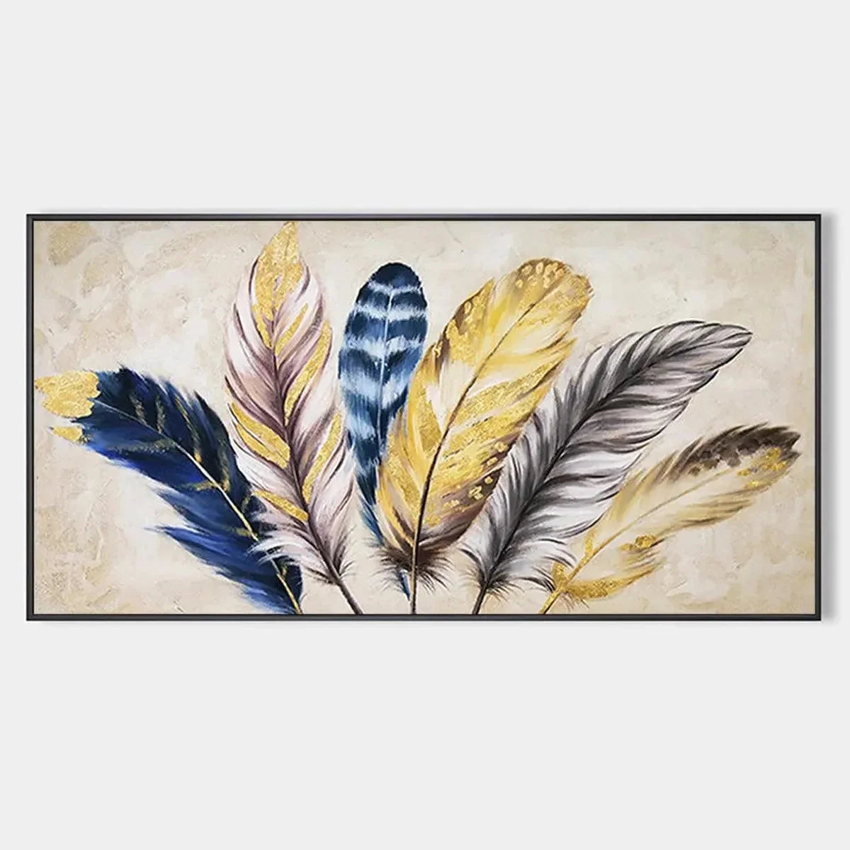 GOLDEN FEATHERS: Elegant Feather Painting, Horizontal Wall Art | hanging in living room, Figurative wall art