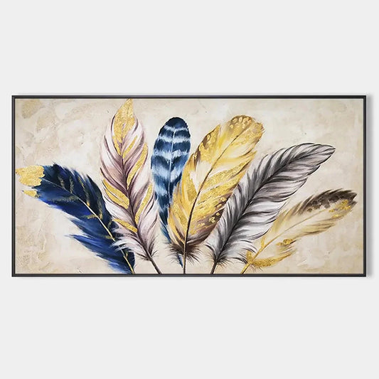 GOLDEN FEATHERS: Elegant Feather Painting, Horizontal Wall Art | hanging in living room, Figurative wall art
