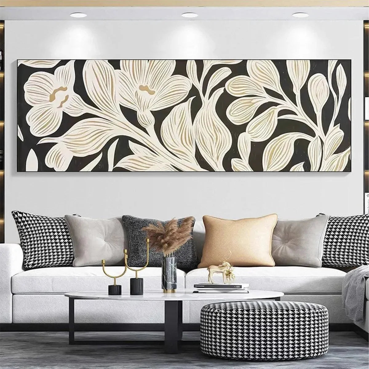 GOLDEN FLORAL PANORAMIC: Floral Painting, Panoramic Wall Art, Black and Gold Decor | Abstract closeup, raised brushwork detail