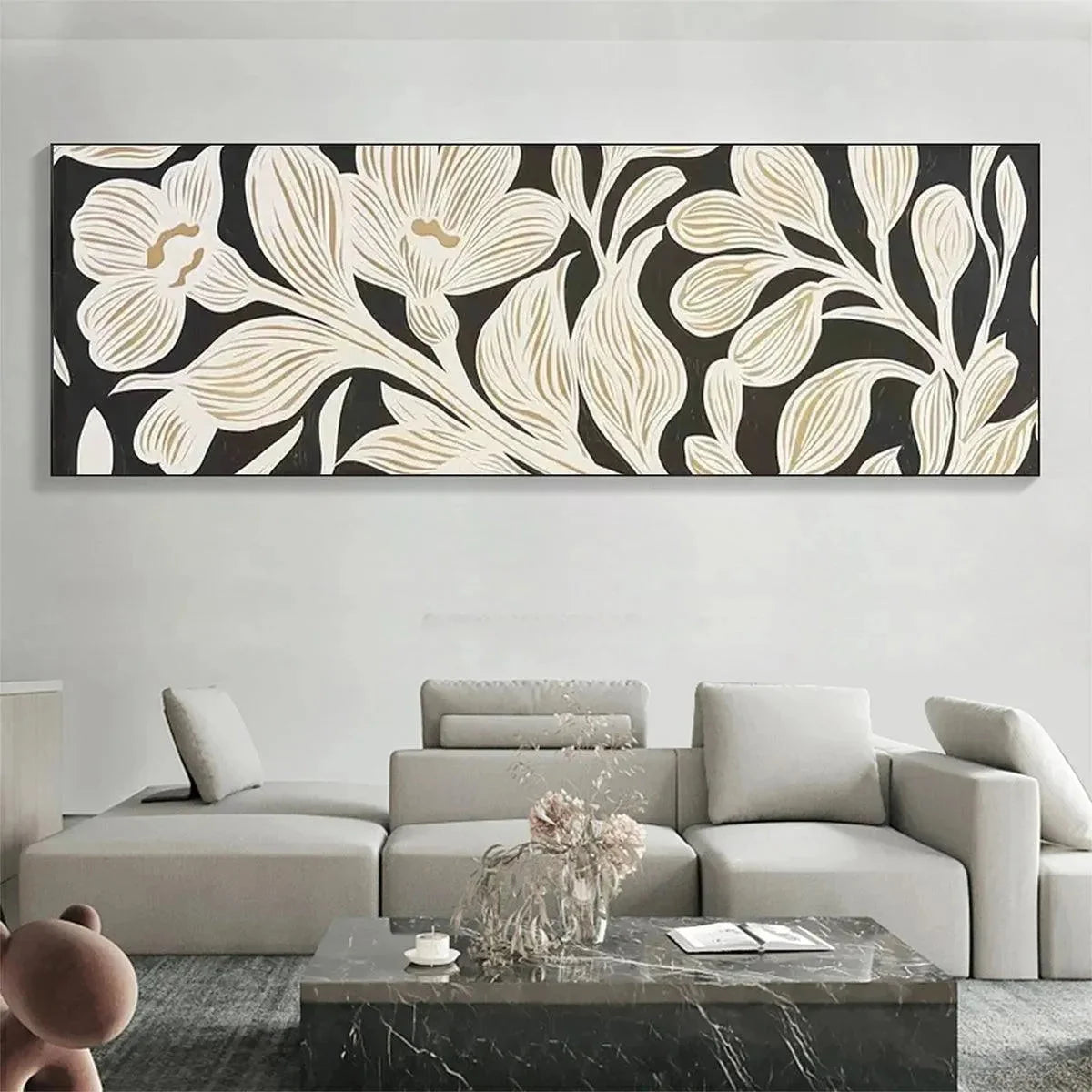 GOLDEN FLORAL PANORAMIC: Floral Painting, Panoramic Wall Art, Black and Gold Decor | Abstract mood, soft natural light studio shot