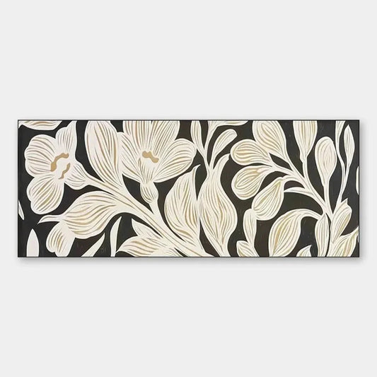 GOLDEN FLORAL PANORAMIC: Floral Painting, Panoramic Wall Art, Black and Gold Decor | hanging in living room, Abstract wall art