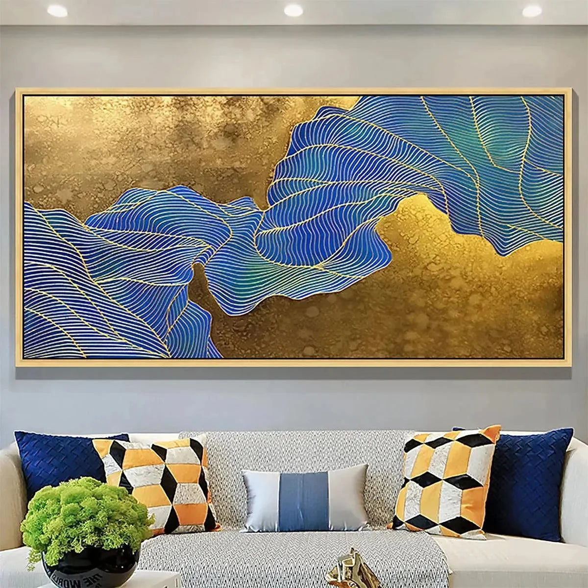 GOLDEN FLOW: Abstract Blue and Gold Oil Painting | Abstract closeup, raised brushwork detail