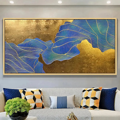 GOLDEN FLOW: Abstract Blue and Gold Oil Painting | Abstract closeup, raised brushwork detail