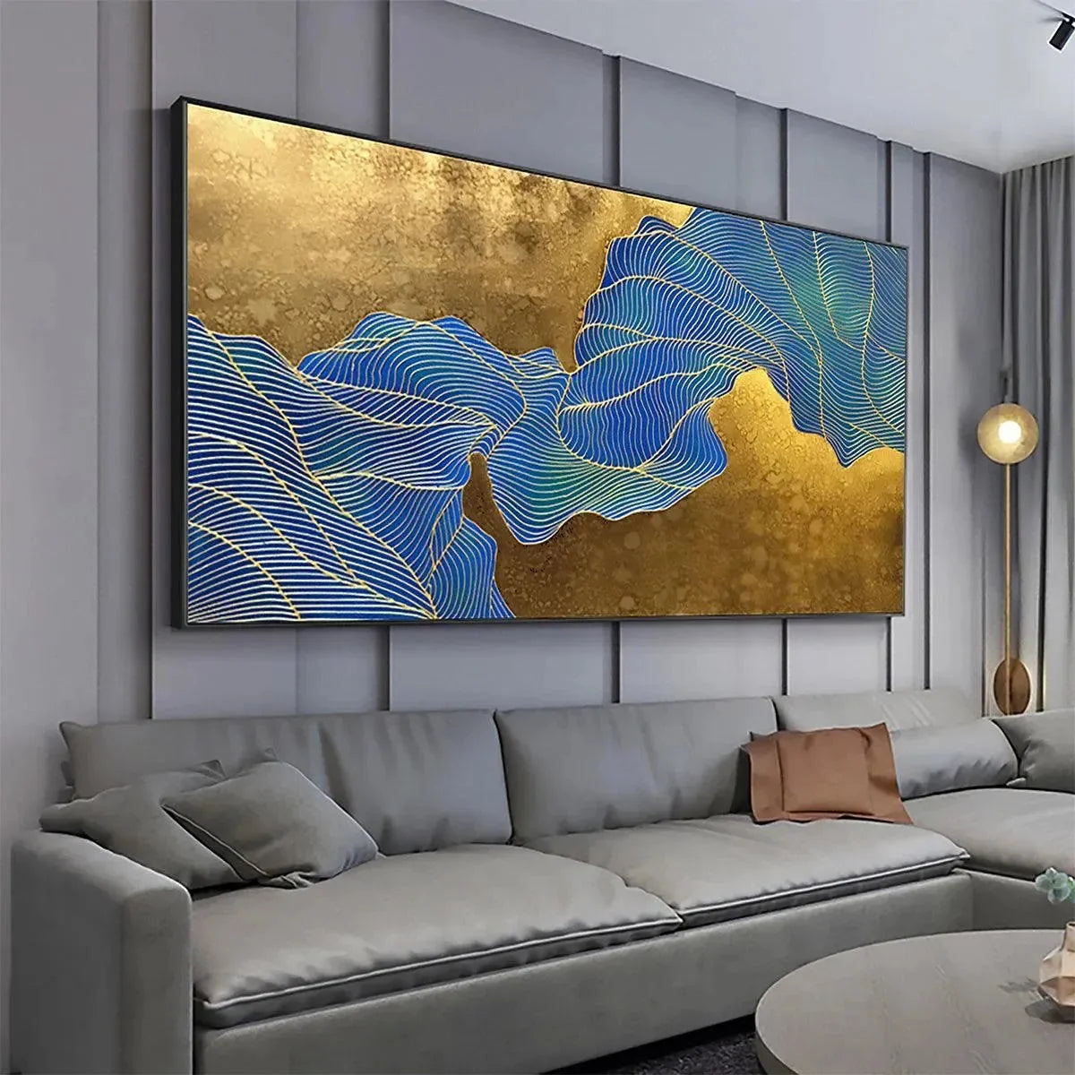 GOLDEN FLOW: Abstract Blue and Gold Oil Painting | gold frame stretched on neutral wall