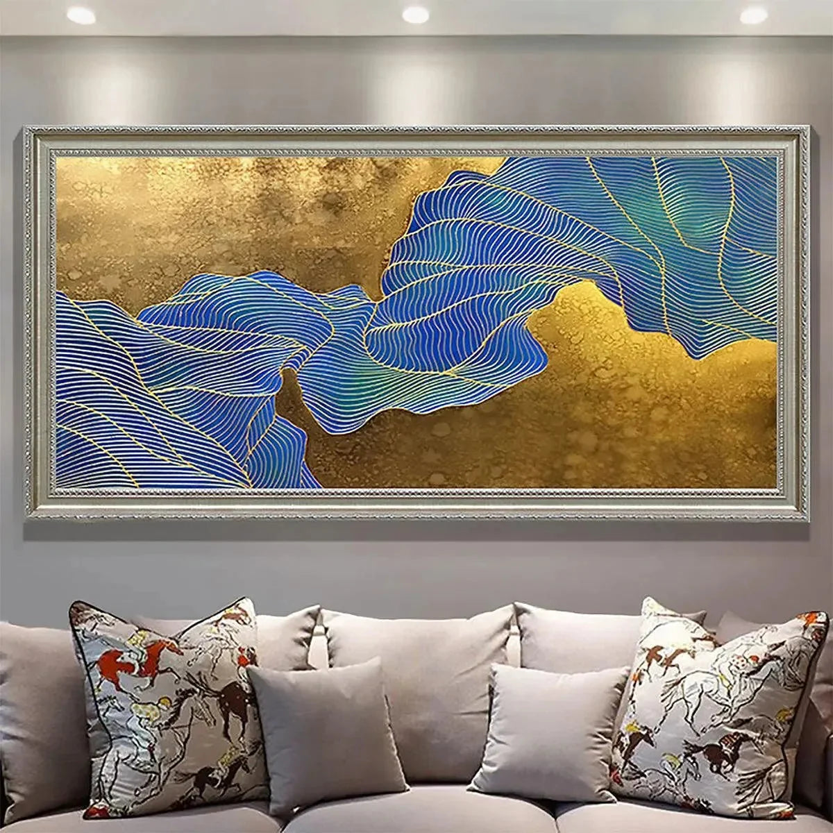 GOLDEN FLOW: Abstract Blue and Gold Oil Painting | rolled canvas, ready for custom framing