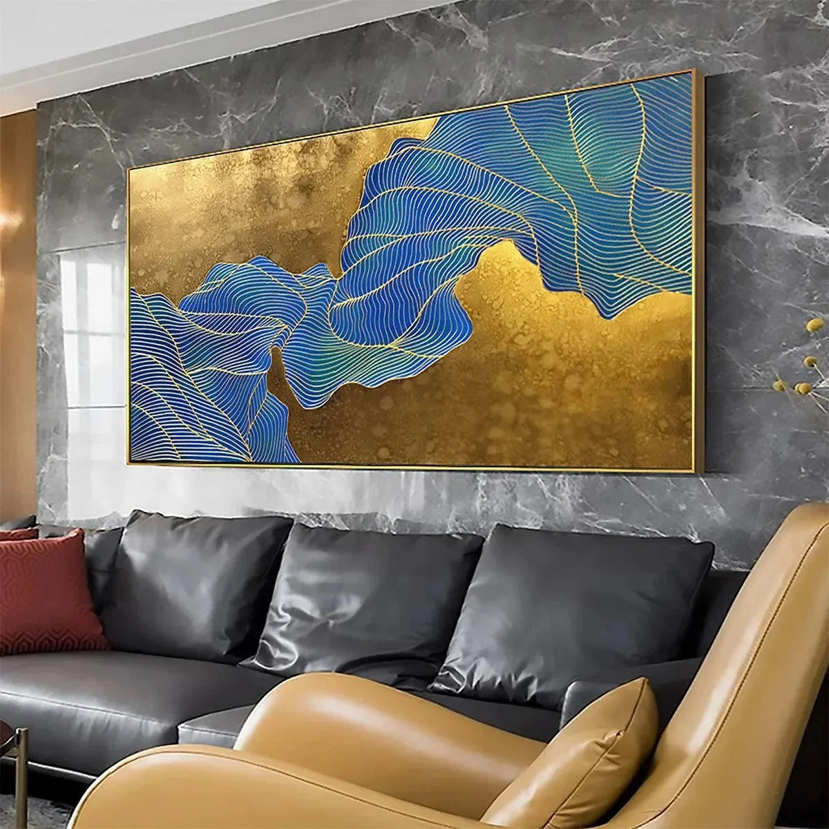 GOLDEN FLOW: Abstract Blue and Gold Oil Painting | black frame version on white wall
