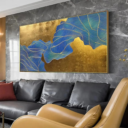 GOLDEN FLOW: Abstract Blue and Gold Oil Painting | black frame version on white wall