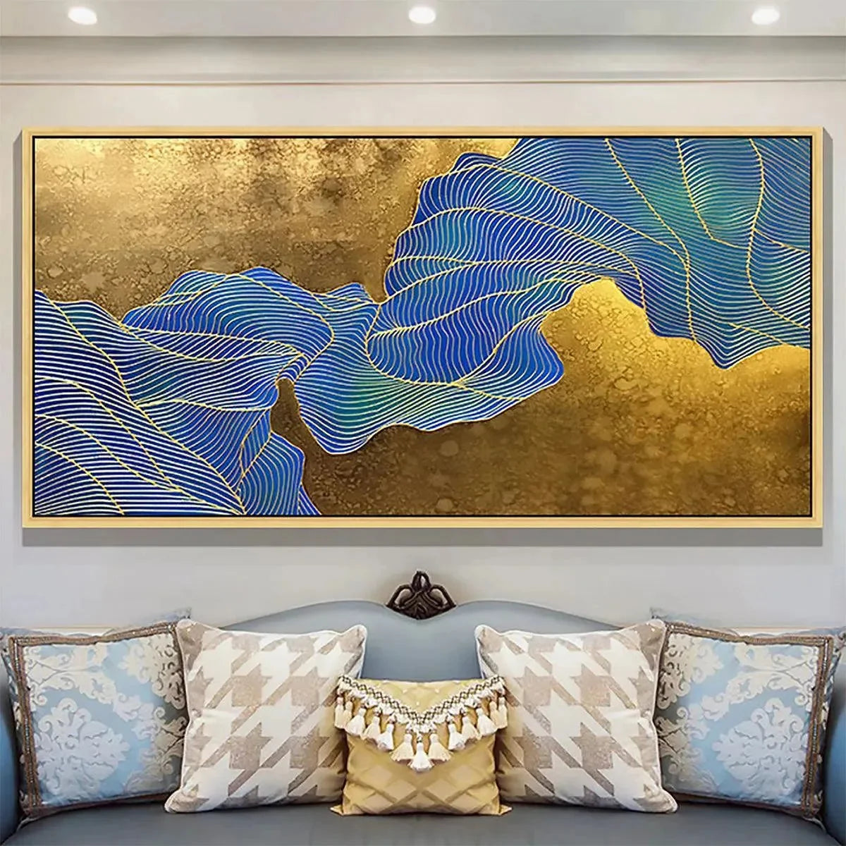 GOLDEN FLOW: Abstract Blue and Gold Oil Painting | Abstract mood, soft natural light studio shot