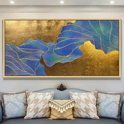 GOLDEN FLOW: Abstract Blue and Gold Oil Painting | Abstract mood, soft natural light studio shot