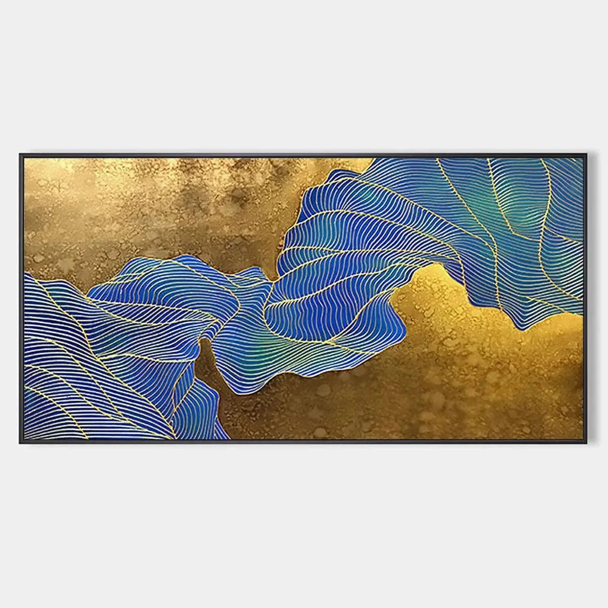 GOLDEN FLOW: Abstract Blue and Gold Oil Painting | hanging in living room, Abstract wall art