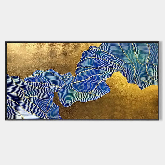 GOLDEN FLOW: Abstract Blue and Gold Oil Painting | hanging in living room, Abstract wall art