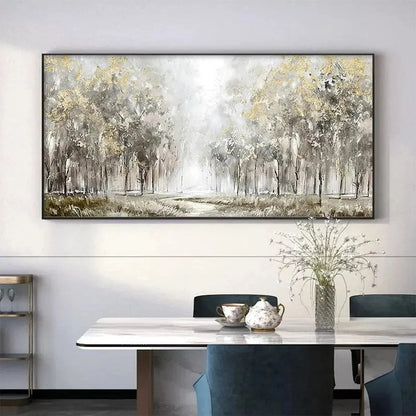 GOLDEN FOREST PATH: Textured Forest Landscape Painting, Panoramic Wall Art | Landscape closeup, raised brushwork detail